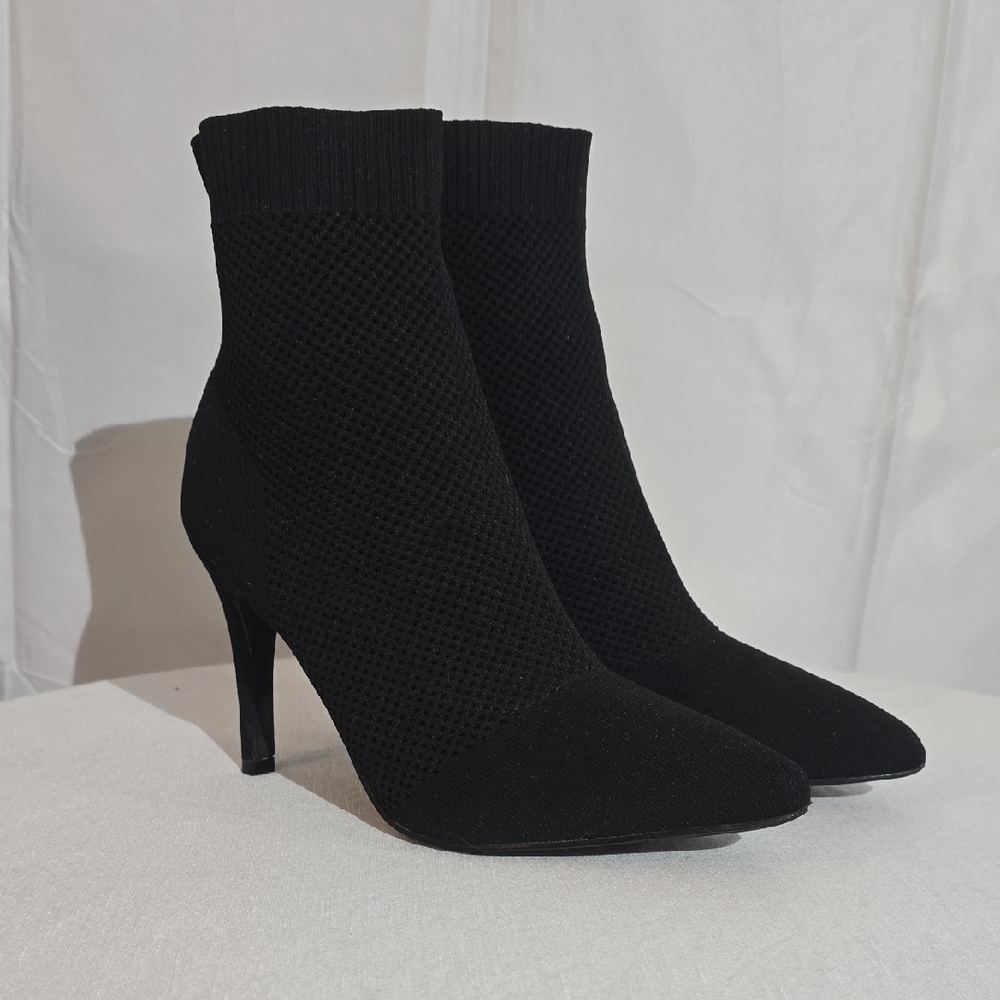 Black MIA McKinley stiletto bootie in a stretch-knit fabric. SIZE 8 WORN ONCE.